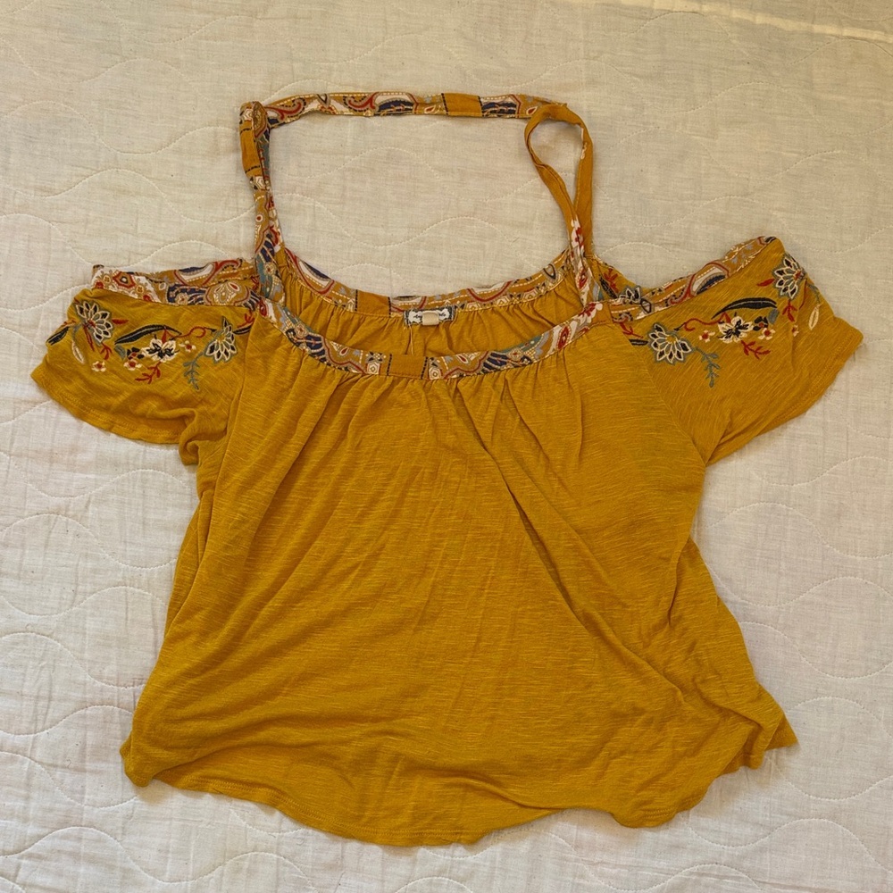 Eyeshadow Mustard Boho Embroidered Off-Shoulder Blouse